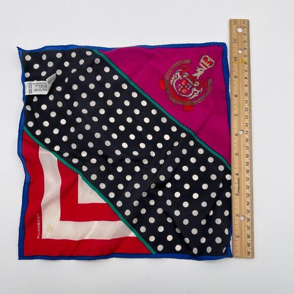 Vintage LIZ CLAIBORNE Silk Scarf Red Pink Blue Polka Dot Stripes Crest Square - Picture 5 of 11